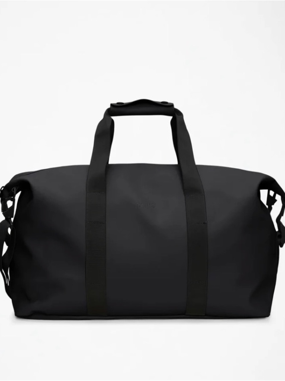 Rains Black Minimalist Duffle Bag for Men
